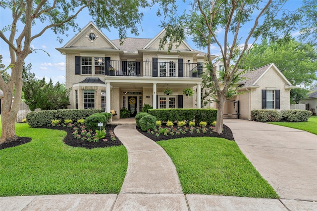 3707 Doyle Ct, Missouri City, TX 77459 - view of front of property with a balcony, brick siding, a gate, a front yard, and a porch