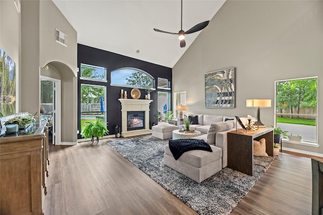 3707 Doyle Ct, Missouri City, TX 77459 - living room with high vaulted ceiling, a ceiling fan, wood finished floors, arched walkways, and a glass covered fireplace