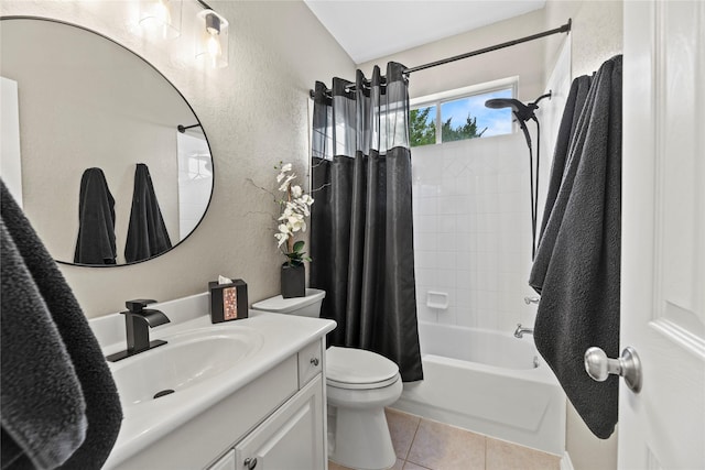 3707 Doyle Ct, Missouri City, TX 77459 - bathroom featuring a textured wall, vanity, toilet, shower / tub combo with curtain, and tile patterned flooring