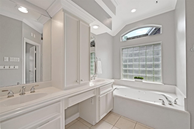408 Pine Creek Dr, Friendswood, TX 77546 - bathroom featuring double vanity, a tub with jets, tile patterned flooring, and recessed lighting
