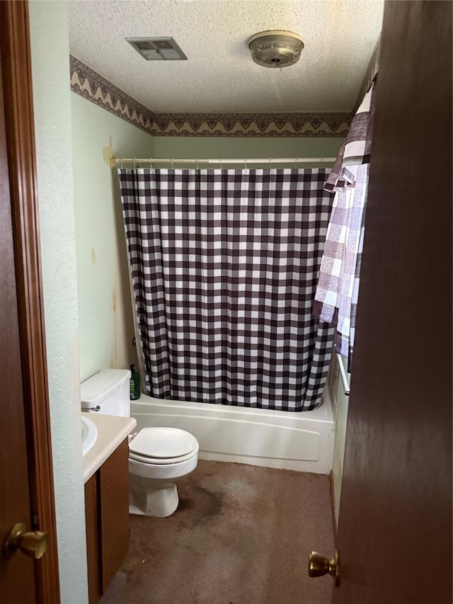 7719 County Road 233, Centerville, TX 75833 - bathroom with toilet, shower / bath combination with curtain, a textured ceiling, and vanity