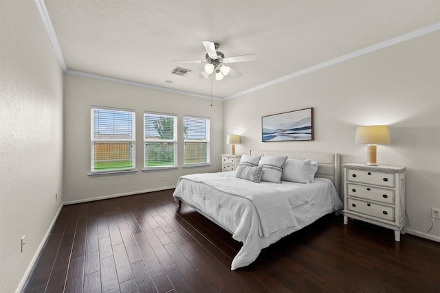 7427 Pony Crk, Missouri City, TX 77459 - bedroom with baseboards, dark wood-style floors, crown molding, and ceiling fan