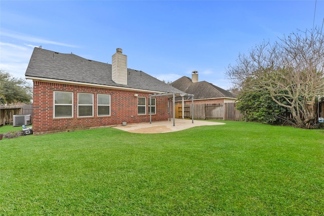 7427 Pony Crk, Missouri City, TX 77459 - back of property with a patio area, brick siding, central air condition unit, a chimney, and roof with shingles