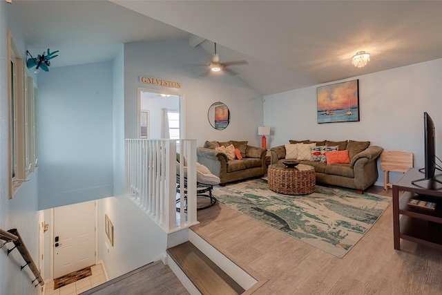 1717 22nd St, Galveston, TX 77550 - living room with wood finished floors, ceiling fan, and vaulted ceiling