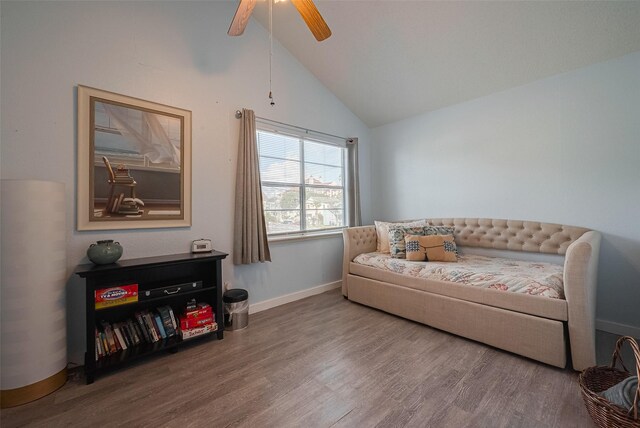 1717 22nd St, Galveston, TX 77550 - living room with a ceiling fan, wood finished floors, baseboards, high vaulted ceiling, and beam ceiling