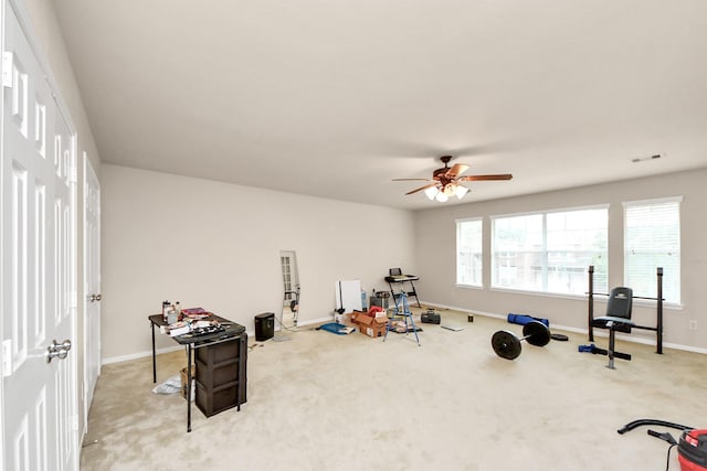 3922 Crestwind Ln, Richmond, TX 77407 - exercise area featuring carpet floors, baseboards, and a ceiling fan