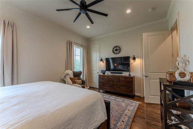242 E 28th St, Houston, TX 77008 - bedroom with dark wood-type flooring, recessed lighting, ornamental molding, and ceiling fan