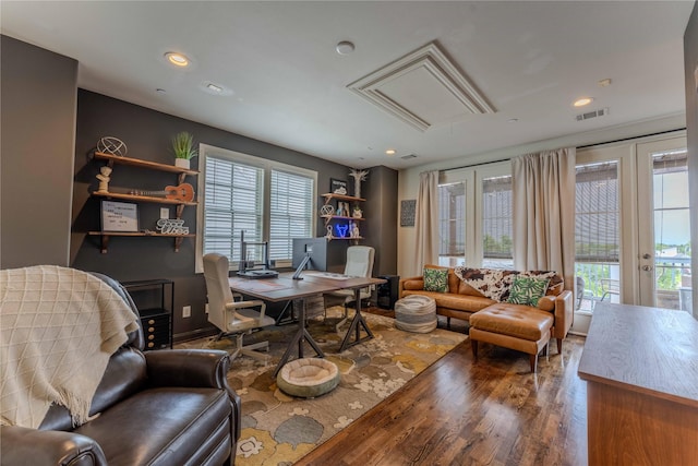 242 E 28th St, Houston, TX 77008 - office with attic access, wood finished floors, recessed lighting, and french doors