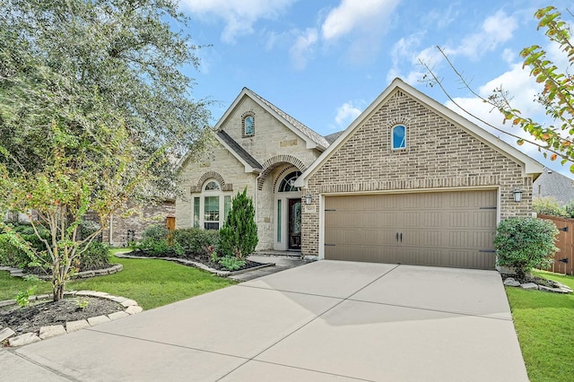 16819 Talisker Dr, Richmond, TX 77407 - french provincial home featuring driveway, brick siding, a garage, and a front lawn