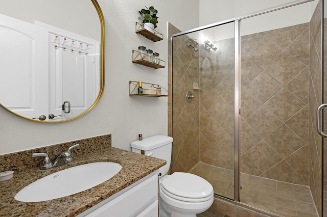 16819 Talisker Dr, Richmond, TX 77407 - bathroom featuring vanity, toilet, and a shower stall