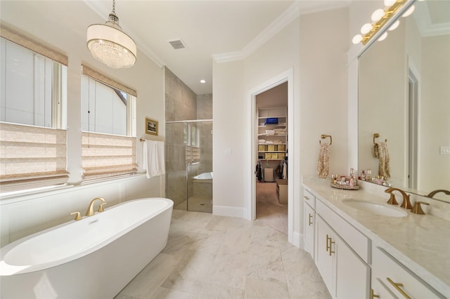 2314 Red Fox Dr, Missouri City, TX 77459 - bathroom featuring crown molding, a stall shower, vanity, a soaking tub, and a spacious closet
