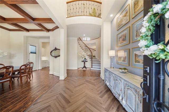 2314 Red Fox Dr, Missouri City, TX 77459 - entrance foyer featuring baseboards, stairway, a towering ceiling, beam ceiling, and recessed lighting