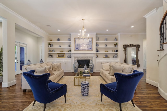2314 Red Fox Dr, Missouri City, TX 77459 - living area featuring a chandelier, wood finished floors, baseboards, recessed lighting, and ornamental molding
