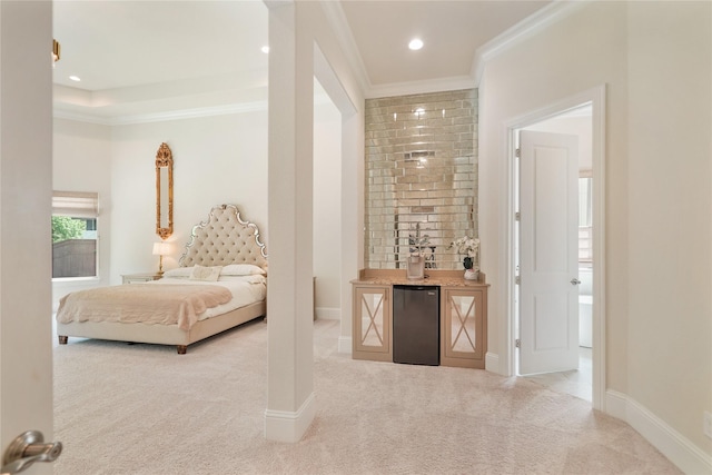 2314 Red Fox Dr, Missouri City, TX 77459 - carpeted bedroom with refrigerator, ornamental molding, baseboards, and recessed lighting