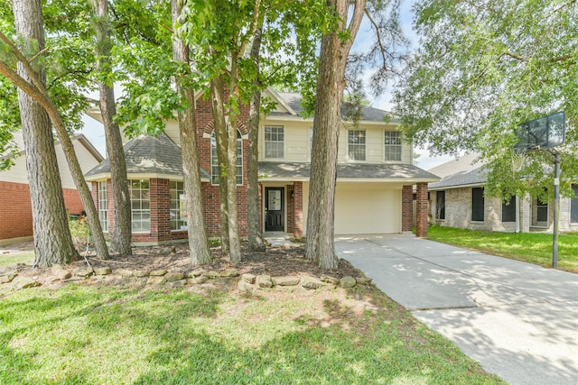 2318 Old Oak Ln, Kingwood, TX 77339 - traditional-style home with concrete driveway, a garage, brick siding, and a shingled roof