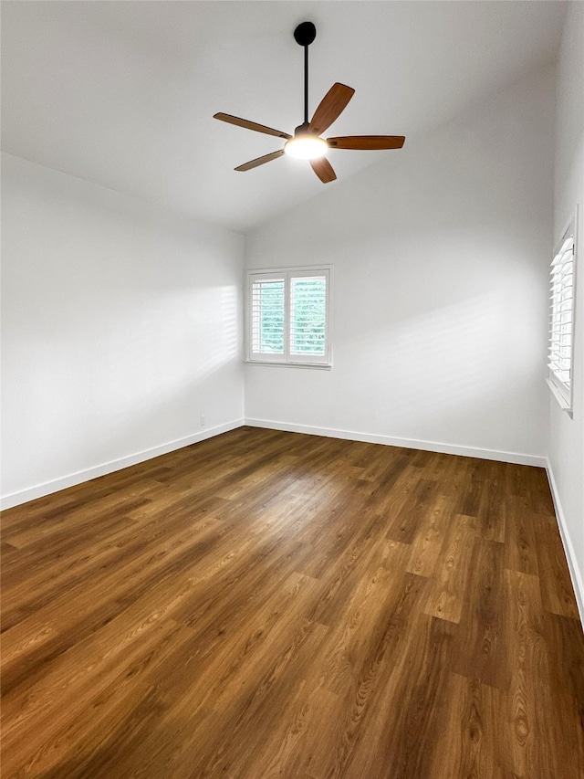 11731 Lakeside Place Dr, Houston, TX 77077 - empty room with ceiling fan, lofted ceiling, baseboards, and dark wood-type flooring