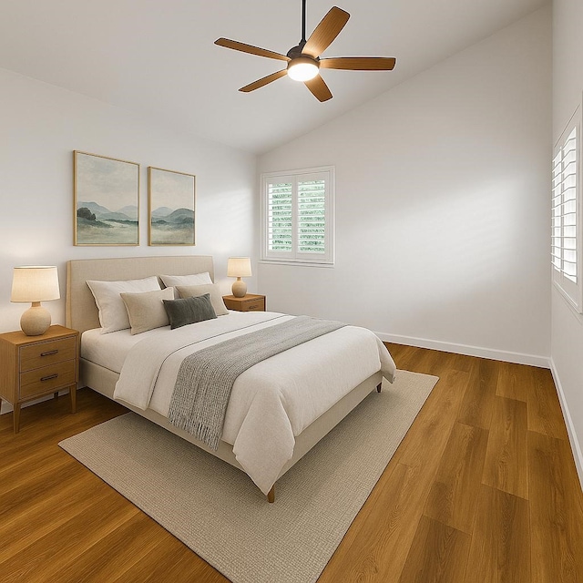 11731 Lakeside Place Dr, Houston, TX 77077 - bedroom with multiple windows, vaulted ceiling, baseboards, wood finished floors, and a ceiling fan
