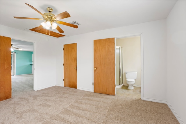 3225 N Jackson St, Santa Fe, TX 77517 - unfurnished bedroom with attic access, carpet flooring, baseboards, connected bathroom, and ceiling fan