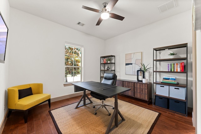 82 Valera Ridge Dr, Spring, TX 77389 - office featuring dark wood-type flooring, ceiling fan, and baseboards