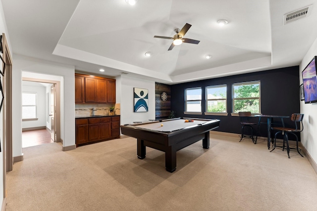 82 Valera Ridge Dr, Spring, TX 77389 - game room featuring a tray ceiling, light colored carpet, a ceiling fan, pool table, and recessed lighting