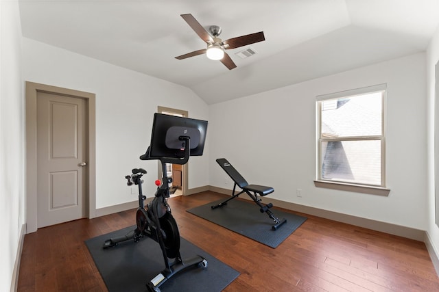 82 Valera Ridge Dr, Spring, TX 77389 - exercise area featuring wood-type flooring, ceiling fan, lofted ceiling, and baseboards