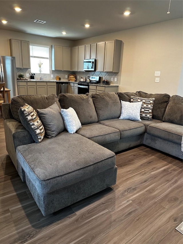13556 Bowfin Dr, Conroe, TX 77384 - living room featuring dark wood-style flooring and recessed lighting
