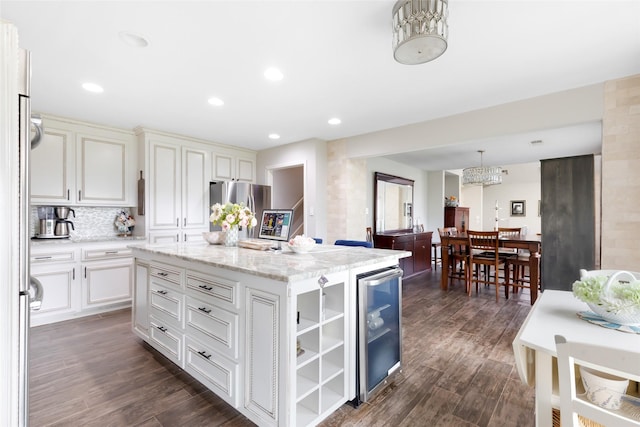8219 Magnolia Glen Dr, Humble, TX 77346 - kitchen featuring wine cooler, freestanding refrigerator, open shelves, dark wood-style floors, and recessed lighting