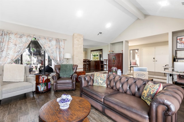 8219 Magnolia Glen Dr, Humble, TX 77346 - living area featuring beamed ceiling, high vaulted ceiling, wood finished floors, and recessed lighting
