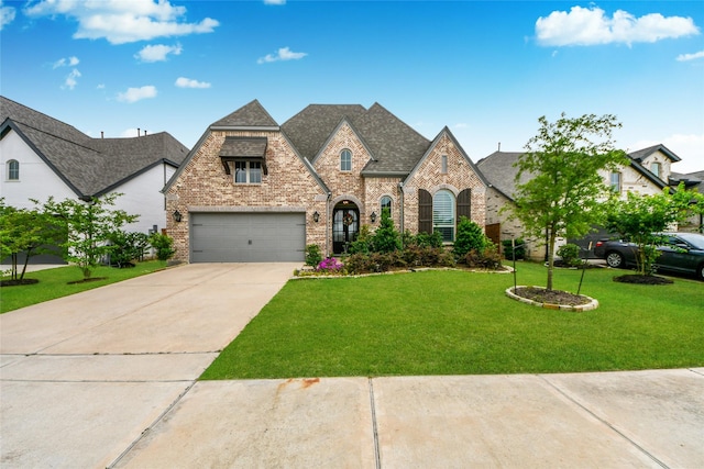 23619 Bottlebrush Terrace Trl, Katy, TX 77493 - french country home featuring brick siding, driveway, a front yard, and roof with shingles
