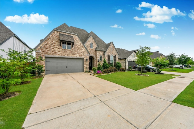 23619 Bottlebrush Terrace Trl, Katy, TX 77493 - french country inspired facade featuring brick siding, a front lawn, concrete driveway, and a shingled roof