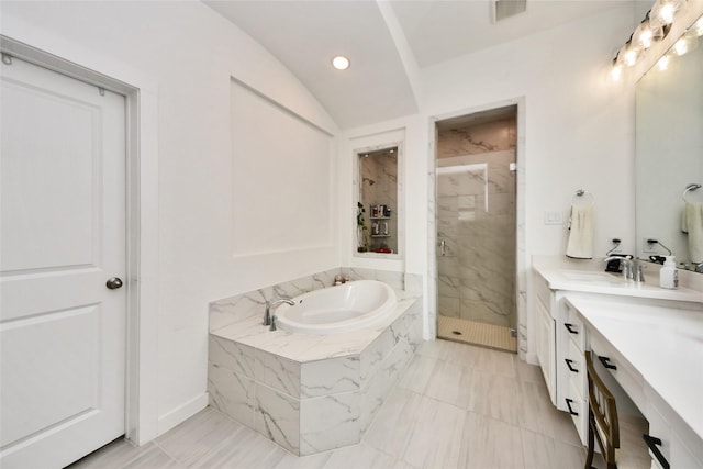 23619 Bottlebrush Terrace Trl, Katy, TX 77493 - bathroom with vanity, a garden tub, a marble finish shower, recessed lighting, and lofted ceiling