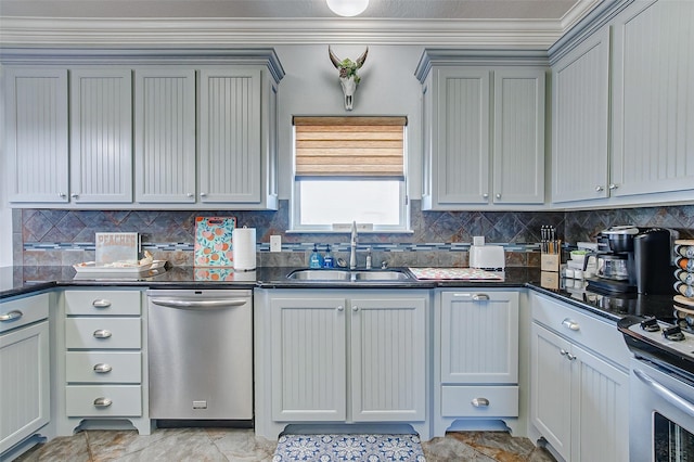 2774 Gulfview Ln, Crystal Beach, TX 77650 - kitchen featuring dishwasher, a sink, tasteful backsplash, ornamental molding, and gray cabinets