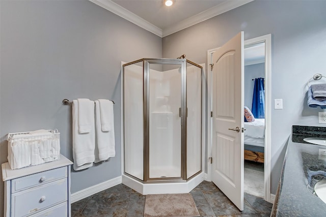 2774 Gulfview Ln, Crystal Beach, TX 77650 - ensuite bathroom with vanity, crown molding, a stall shower, and baseboards
