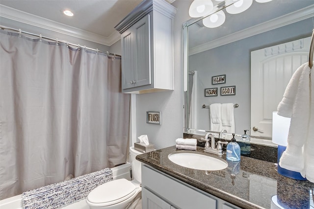 2774 Gulfview Ln, Crystal Beach, TX 77650 - bathroom featuring toilet, vanity, shower / bathtub combination with curtain, and crown molding
