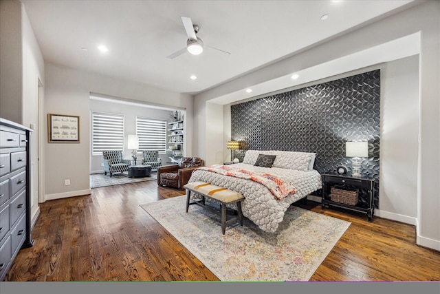 2707 Rusk St, Houston, TX 77003 - bedroom featuring baseboards, dark wood finished floors, recessed lighting, and ceiling fan