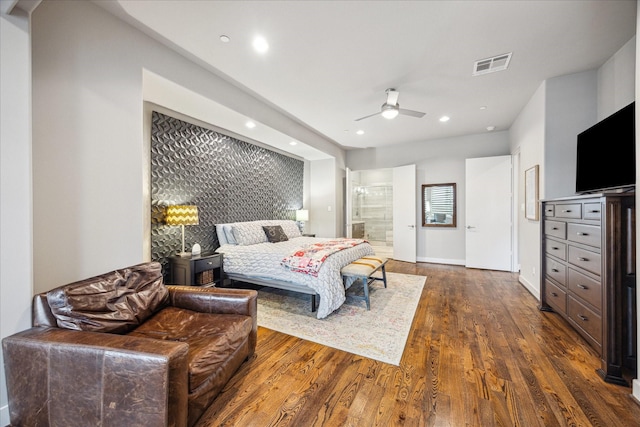 2707 Rusk St, Houston, TX 77003 - bedroom featuring wood finished floors, recessed lighting, baseboards, ensuite bath, and ceiling fan