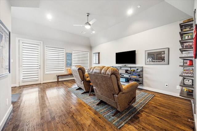 2707 Rusk St, Houston, TX 77003 - living area featuring a ceiling fan, lofted ceiling, dark wood-type flooring, and baseboards