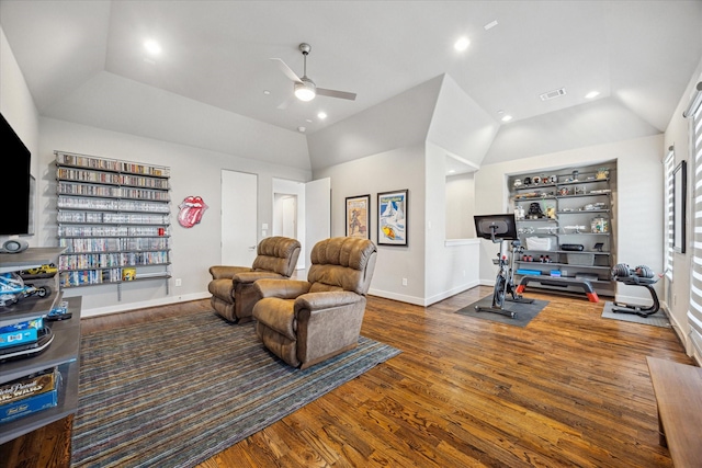 2707 Rusk St, Houston, TX 77003 - living room featuring lofted ceiling, ceiling fan, wood finished floors, built in features, and recessed lighting