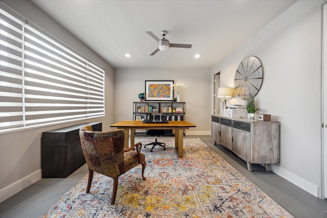 2707 Rusk St, Houston, TX 77003 - home office with a ceiling fan, baseboards, finished concrete flooring, and recessed lighting