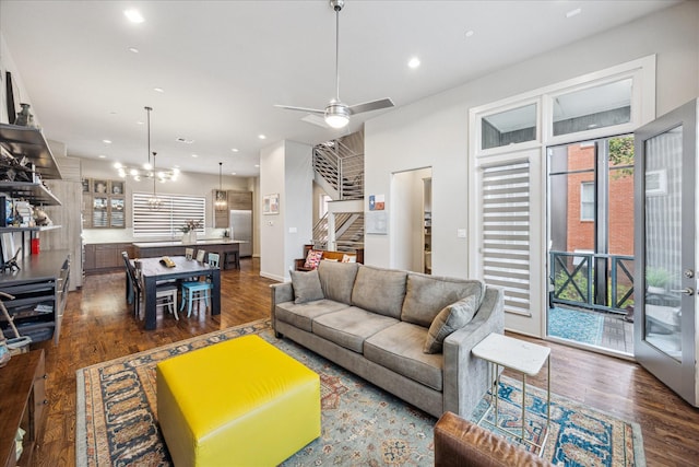 2707 Rusk St, Houston, TX 77003 - living room with stairs, dark wood-style flooring, recessed lighting, and a ceiling fan