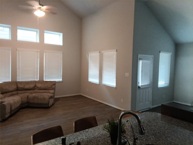 3619 Dry Creek Dr, Missouri City, TX 77459 - unfurnished living room featuring high vaulted ceiling, wood finished floors, ceiling fan, and baseboards