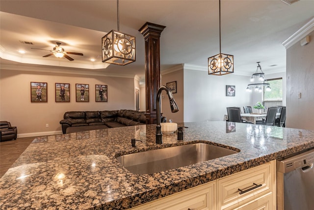 2323 Foley Rd, Crosby, TX 77532 - kitchen featuring stainless steel dishwasher, open floor plan, crown molding, ceiling fan, and wood finished floors