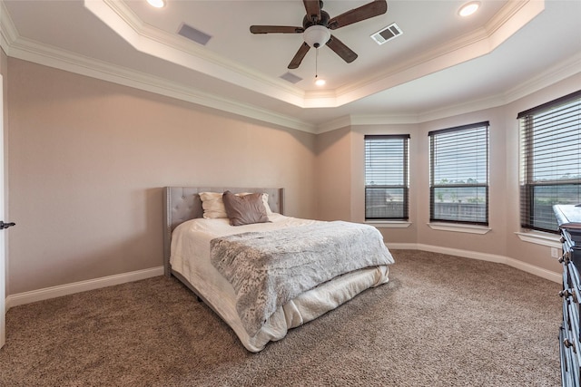 2323 Foley Rd, Crosby, TX 77532 - carpeted bedroom featuring a raised ceiling, crown molding, a ceiling fan, and recessed lighting