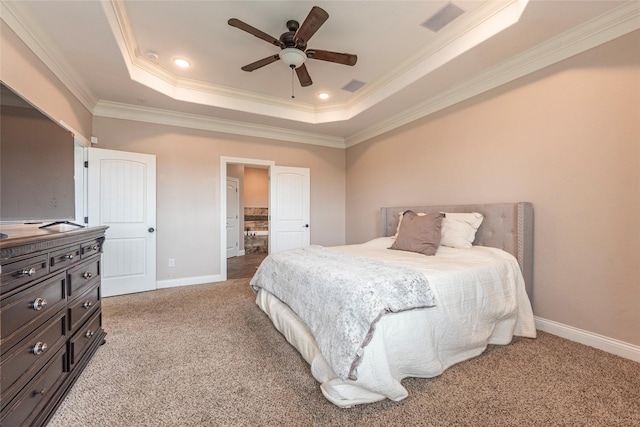 2323 Foley Rd, Crosby, TX 77532 - bedroom with a raised ceiling, crown molding, light colored carpet, recessed lighting, and ceiling fan