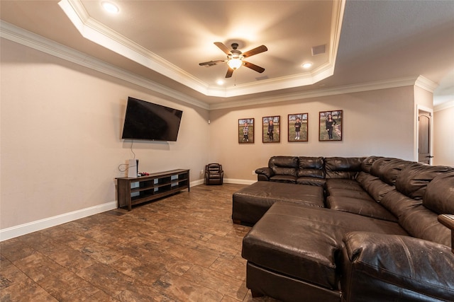 2323 Foley Rd, Crosby, TX 77532 - living area featuring a tray ceiling, a ceiling fan, crown molding, and recessed lighting