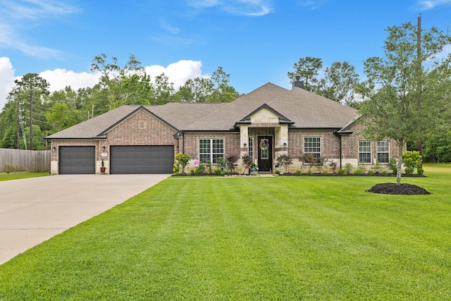 1603 Country Club Dr, Crosby, TX 77532 - view of front facade with brick siding, an attached garage, driveway, and a chimney