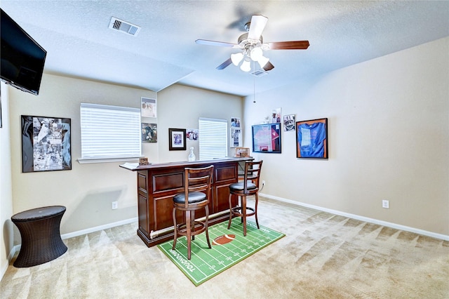 5838 Deleon Trail Dr, Spring, TX 77379 - indoor dry bar featuring light colored carpet, a ceiling fan, baseboards, and a textured ceiling