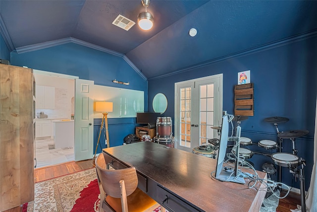 22 Tallow Hill Pl, Spring, TX 77382 - office featuring light wood finished floors, vaulted ceiling, and ornamental molding