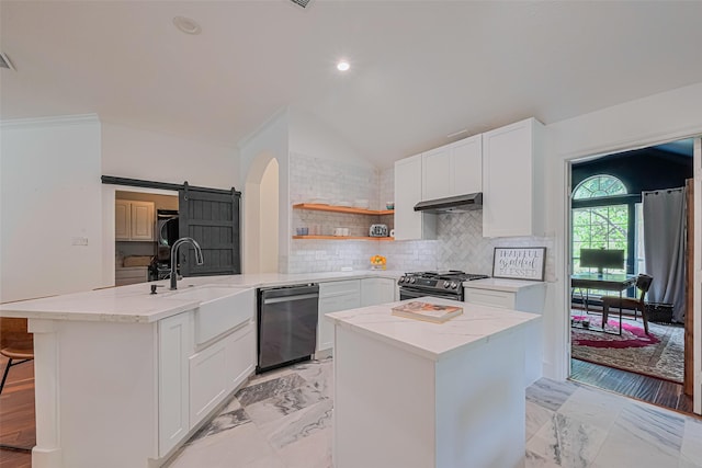 22 Tallow Hill Pl, Spring, TX 77382 - kitchen featuring appliances with stainless steel finishes, under cabinet range hood, a sink, open shelves, and light marble finish floors