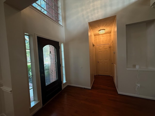 9619 Therrell Dr, Houston, TX 77064 - entryway with dark wood-style floors, baseboards, and a high ceiling